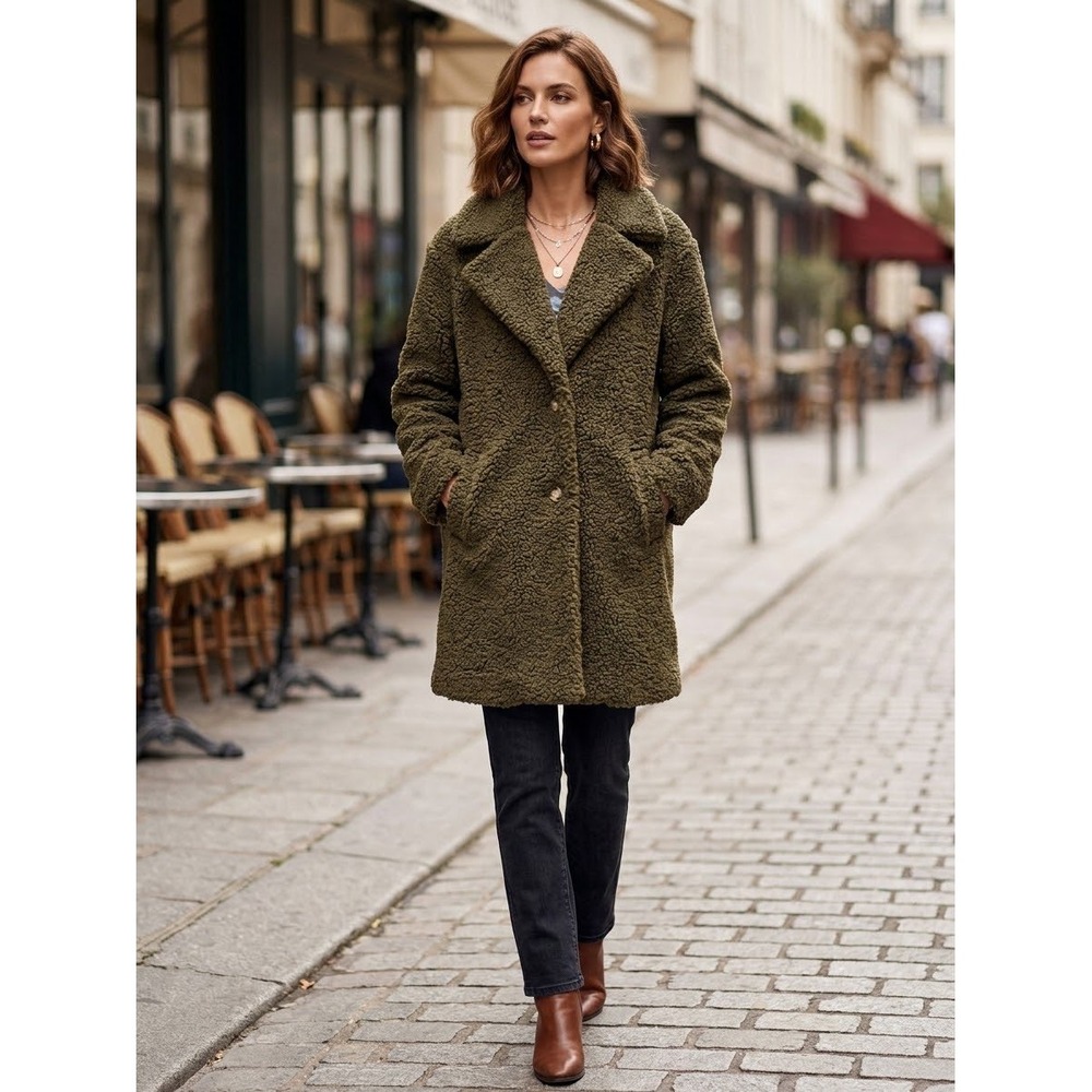 C&C California Olive Green Sherpa Teddy Bear Coat L Cozycore Hygge Clean Girl
